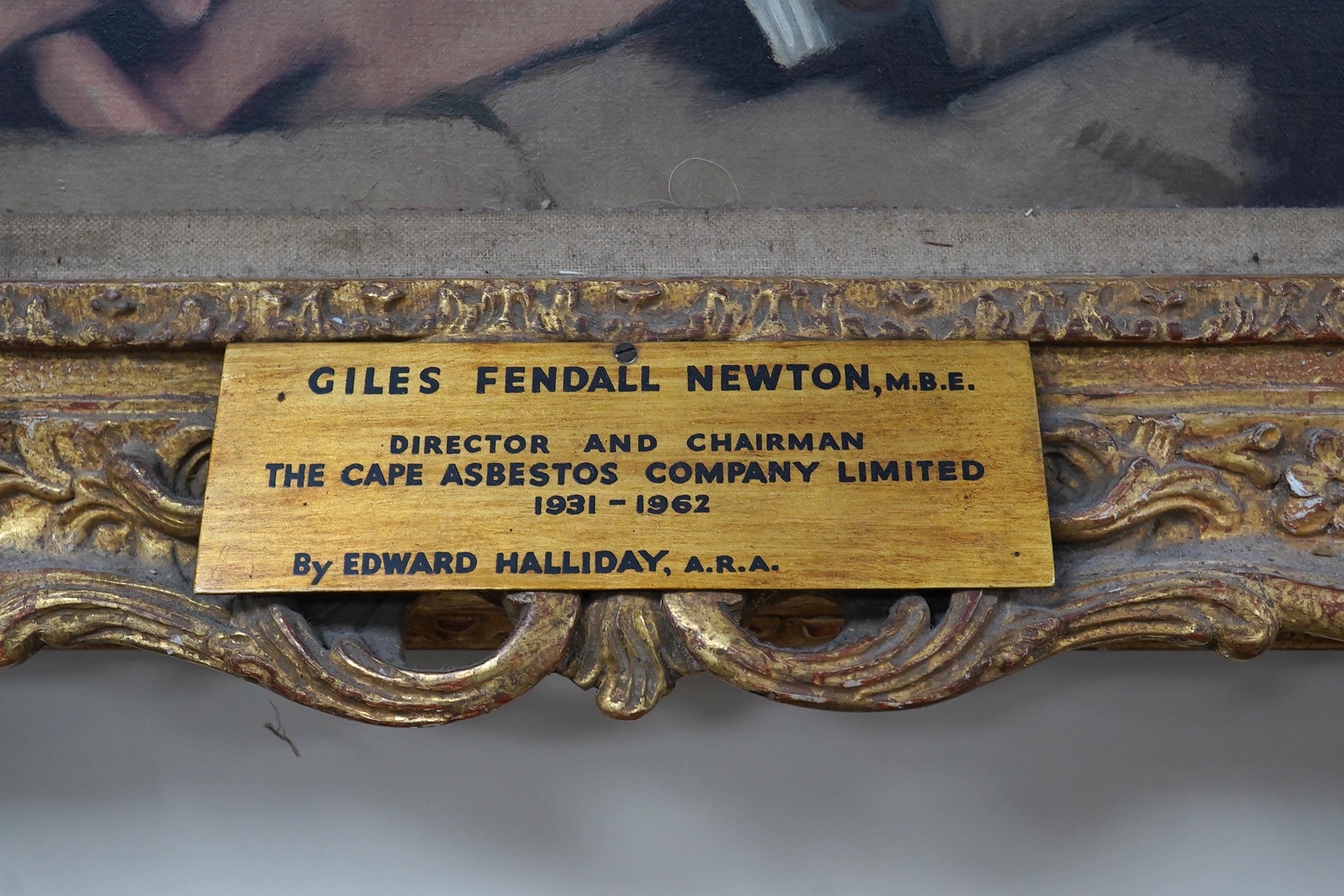 Edward Irvine Halliday (1902-1984), oil on canvas, Portrait of Giles Fendall Newton, MBE, signed and dated 1960, 76 x 62cm, applied plaque to the ornate gilt frame. Condition - good